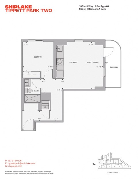 Floor plan for 1 bed, 1 bath, 565 sqft